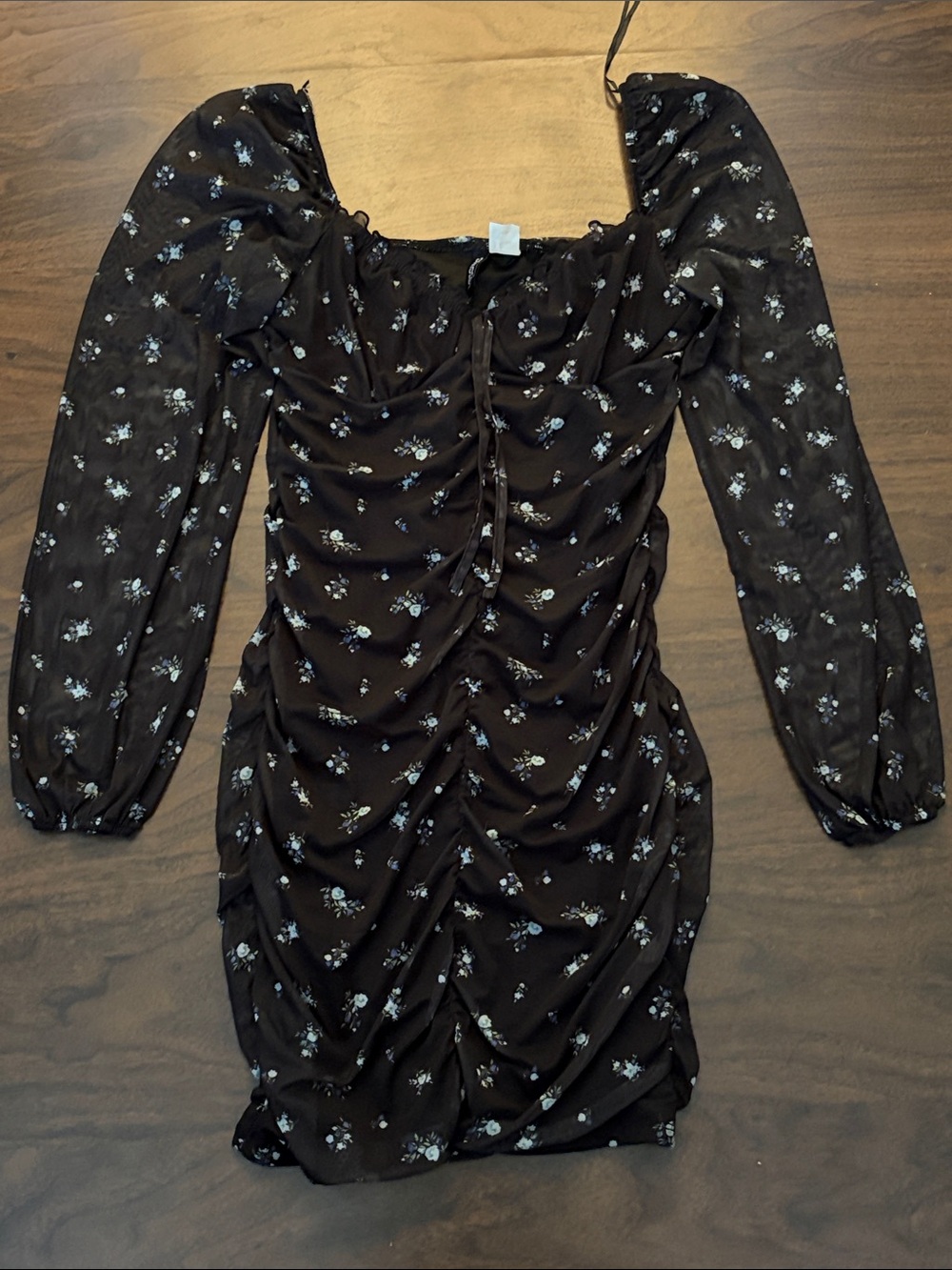 Black Floral Long-Sleeve Ruched Mini Dress